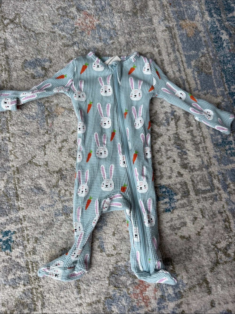 Spearmintlove Baby Blue Bunny-Print Waffle Footed Easter bunny One-Piece NB